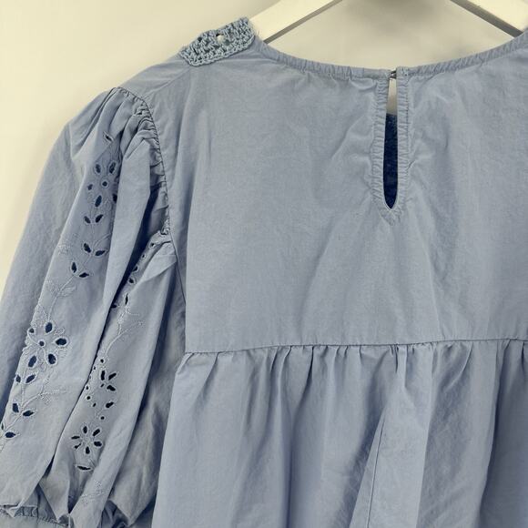 Zara Blue Cotton Top Crochet Eyelet Lace Floral Cutout Puff Sleeve Size Small - Picture 6 of 9